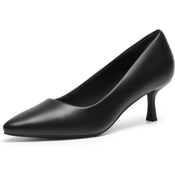 Women's Black Leather Pumps Pointed Toe Kitten Heels Party Wedding Dress Shoes - Picture 1 of 7